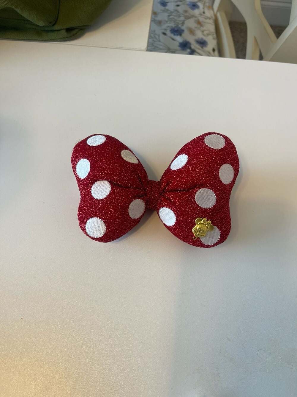 Disney Parks Minnie Mouse Red Polka Dot Glitter Hair Bow Clip with Gold Charm